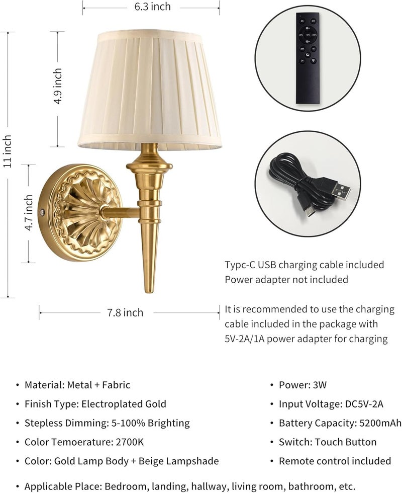 KDG Cordless Wall Sconces Set of 2, Small Wireless 5200mAh Rechargeable Battery Fabric LED Wall Lamps, Portables Lightings for Wall Painting, Living Room, Bedroom, Hallway, Gifts, Night Light (Gold) - Image 5